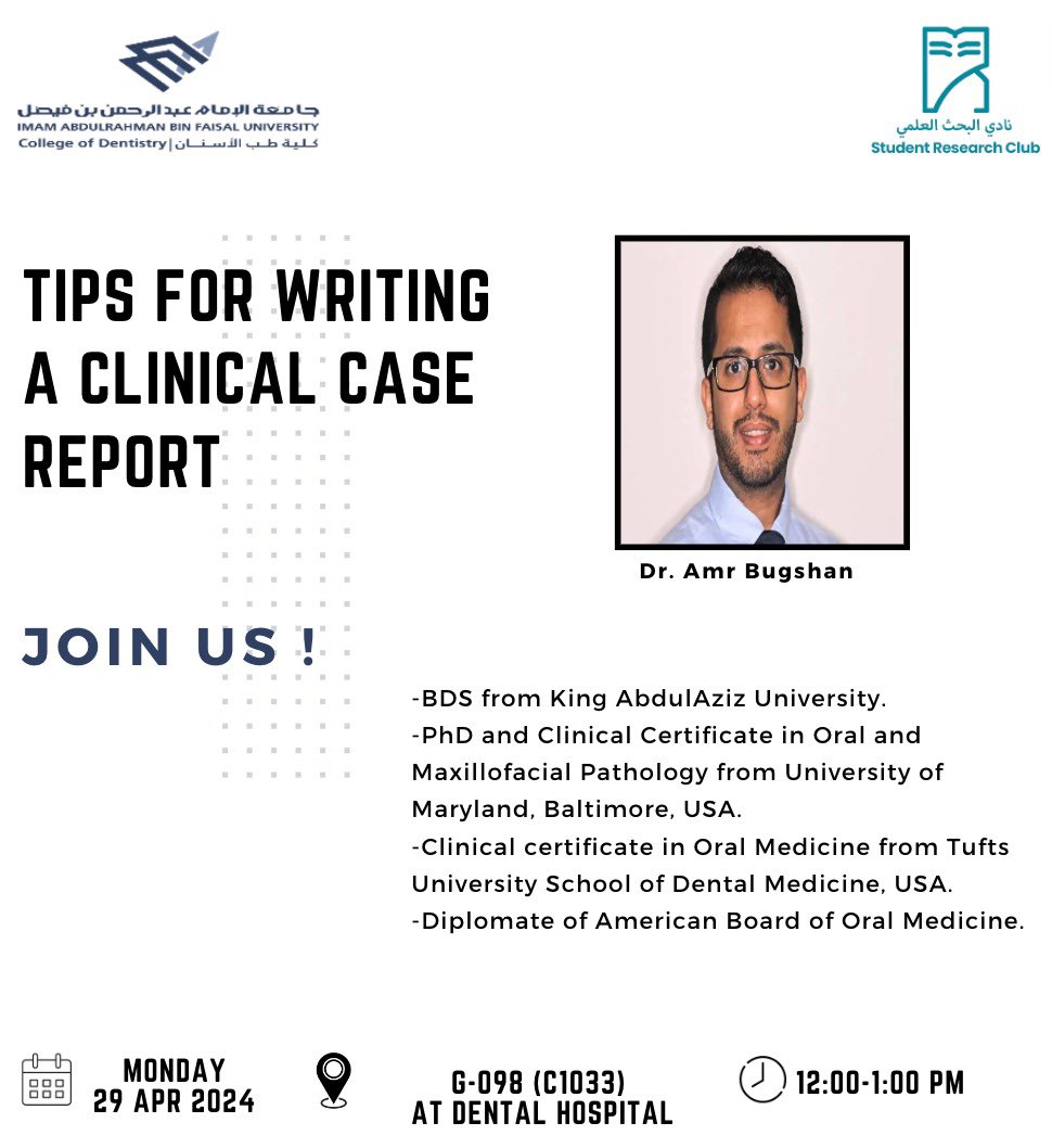 IAUdent_SRC's tweet photo. We are pleased to announce our fifth event in this semester 📣

Tips for writing a clinical case report with Dr. Amr Bugshan ✨

Mark your calendar and join us this Monday! 🗓️
#SRC_Dent https://t.co/212obUuS2k