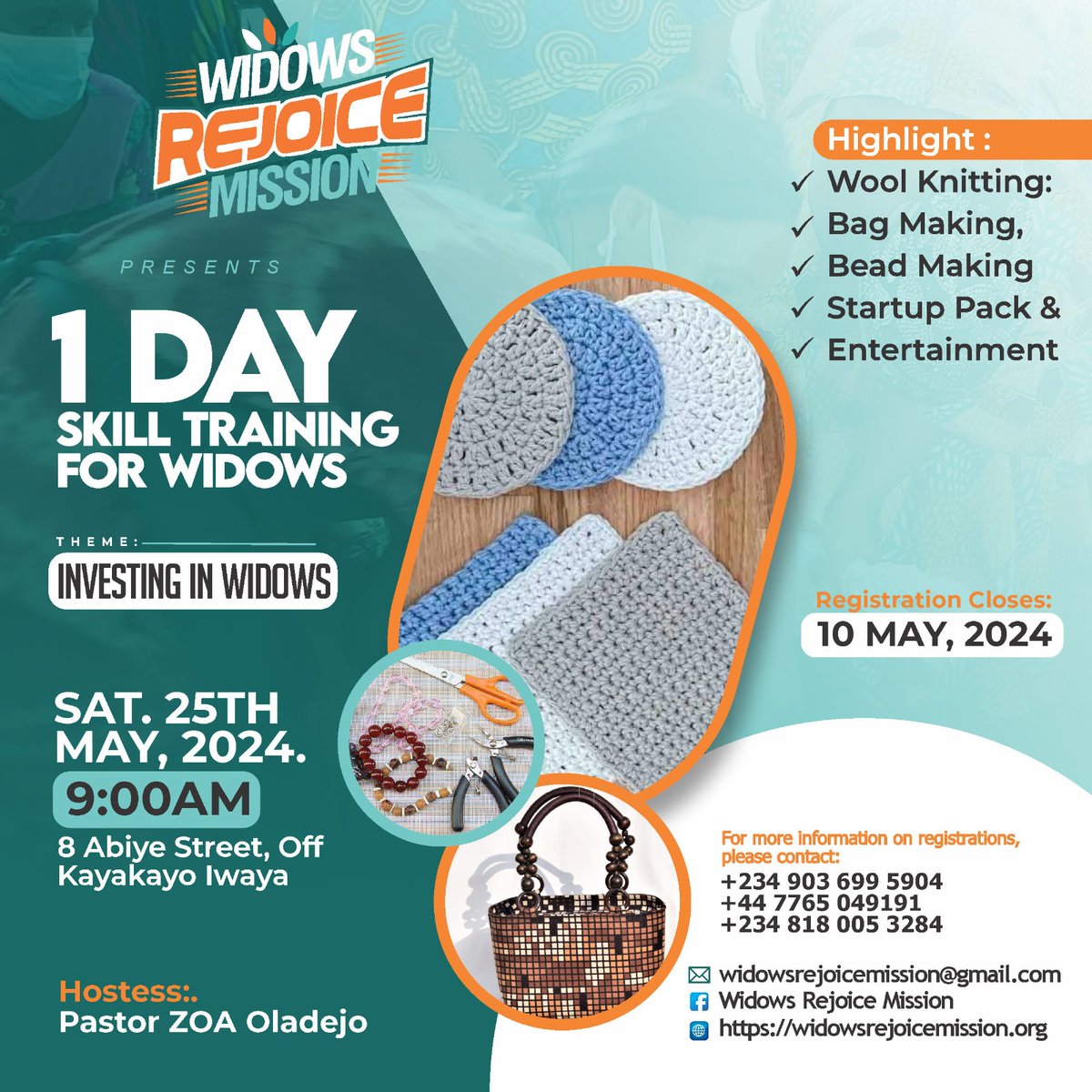 We are ready to train Widows at #MAKOKO and #IWAYA area of #Lagos. Date: 25th May, 2024 Time: 9am Venue: 8 Abiye Street, IWAYA , Lagos. Highlight: Bag Making, Wool Knitting. Bead Making, STARTUP PACK, Entertainment.... For more details and sponsorship, contact: Telephone 📞 :