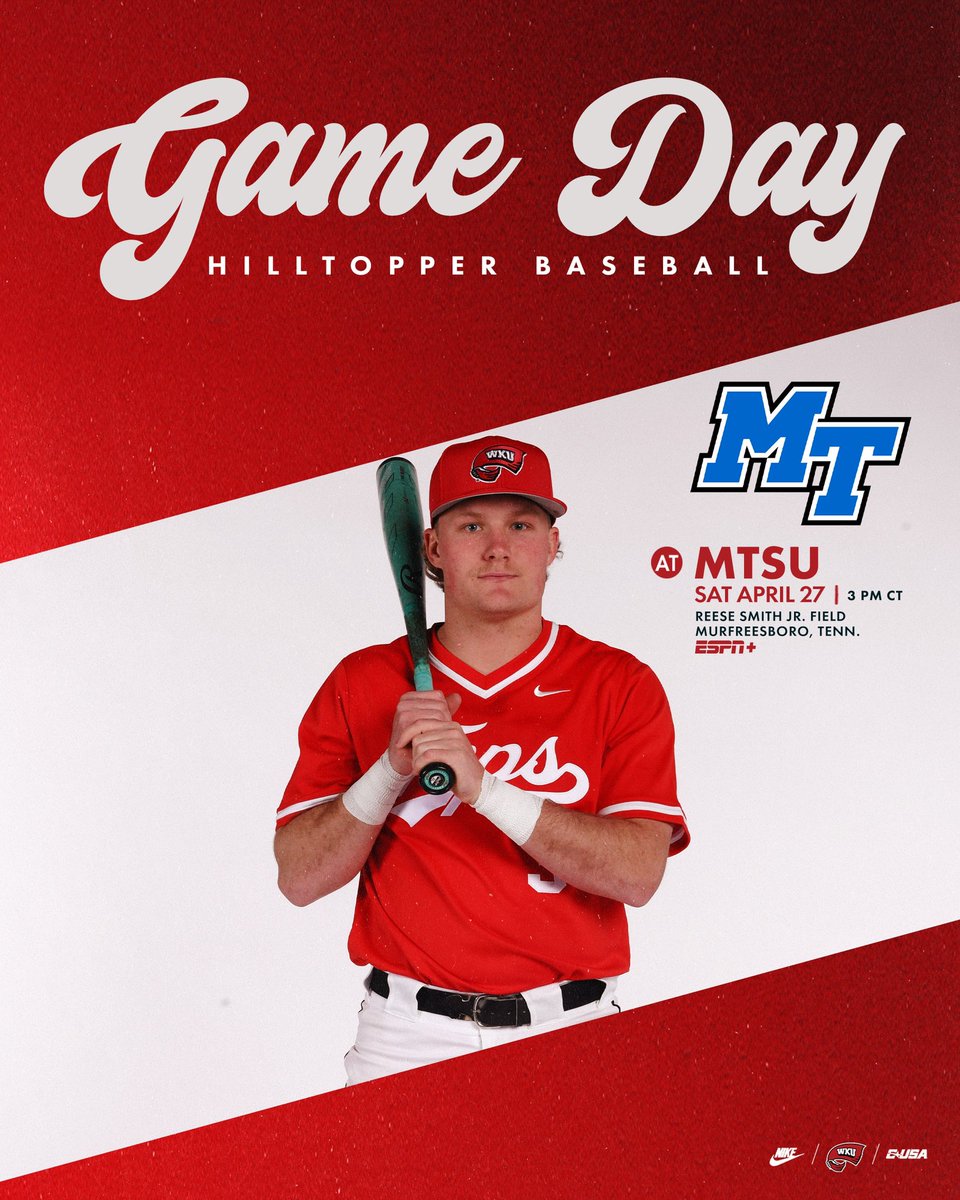 A chance to even the series! 🆚 MTSU ⌚️ 3 PM CT 📍 Murfreesboro, Tenn. 🏟️ Reese Smith Jr. Field 📺 es.pn/4aSGca4 📻 ESPNKY 102.7 🎙️ goto.ps/WKUBaseVN 📊 bit.ly/3wcA0ur #GoTops | #Team105