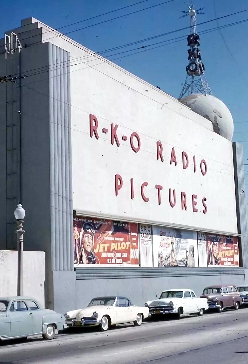 Who among us doesn't enjoy finding a color photo of the RKO studios at Gower St and Melrose Ave with their iconic globe and radio tower still in place. Their big picture at the time was the John-Wayne-starring “Jet Pilot” whose LA premiere was held on September 25, 1957.