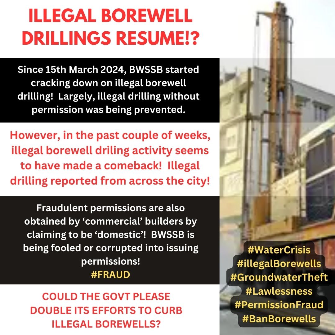 1/n  ALERT⚠️ #IllegalBorewell drillings resume in many parts of Bengaluru (after a month's pause)
⚠️Officials lower their guard!?
⚠️Fraudulent 'domestic' permissions given to commercial building sites. 
@CMofKarnataka #WaterCrisis #Lawlessness #GroundwaterTheft #PermissionFraud