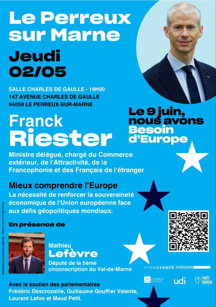 🇪🇺🇫🇷 A jeudi, au Perreux, avec @franckriester pour parler de l’Europe puissance et de la réciprocité dans les échanges commerciaux ! Pour vous inscrire ⤵️ doodle.com/sign-up-sheet/… #BesoinDEurope