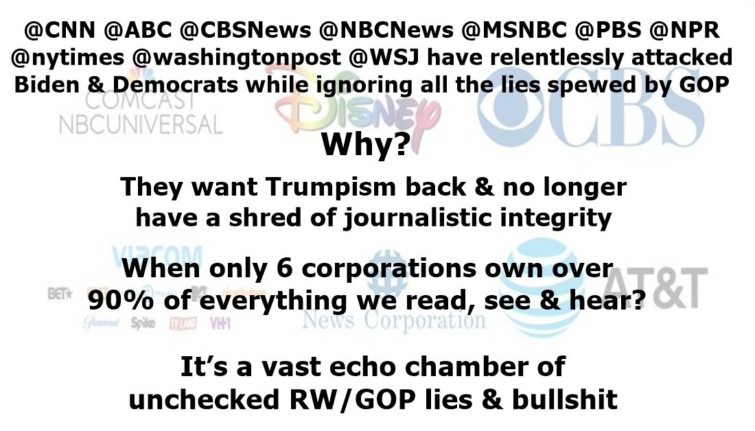 Another #EpicMediaFail
Reading about how @AGSNYT & @nytimes are having an epic meltdown at being exposed for always printing anti-Biden articles was the tip of the iceberg of #BadJournalism that passes for 'news'
Over 90% of what we read, see or hear comes from 6 GOP-owned Corps