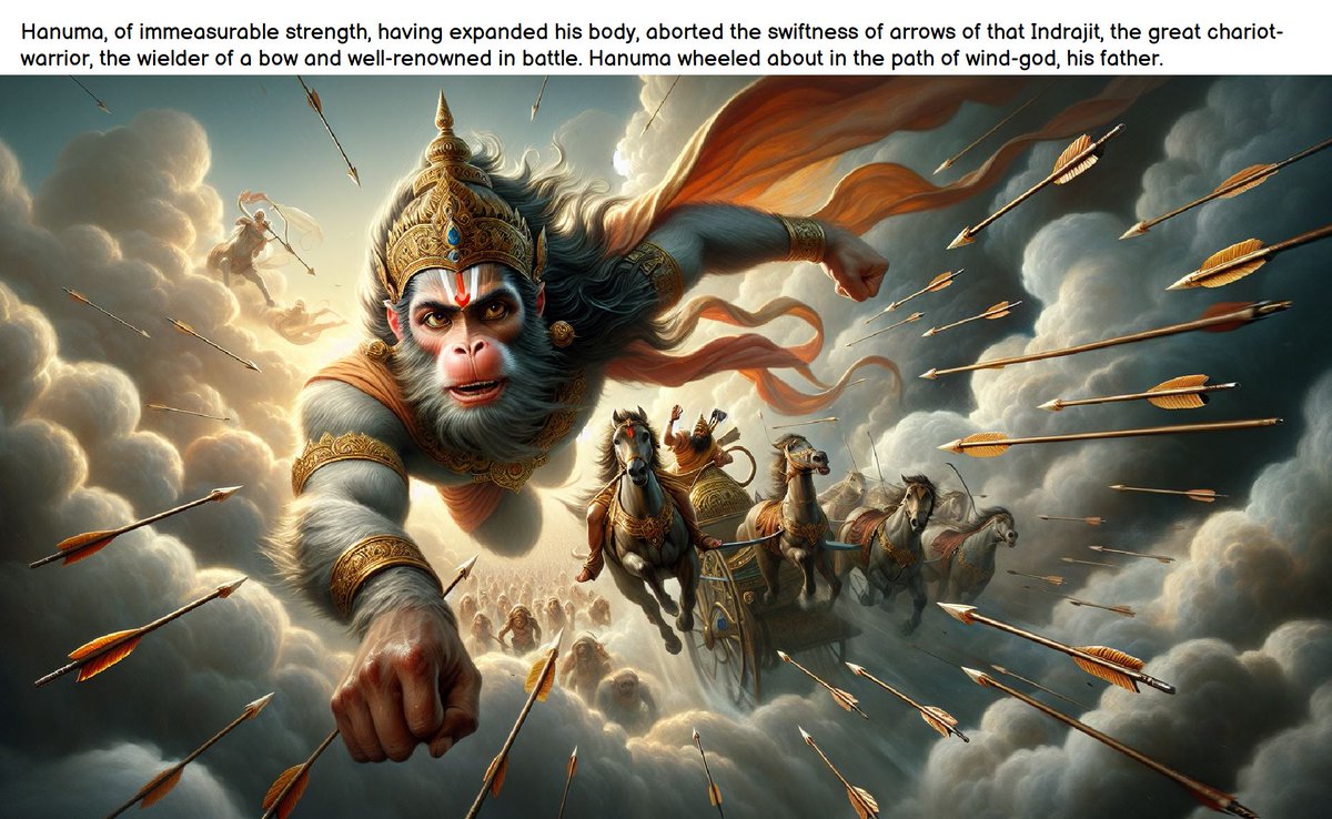 #Sundarakanda

स तस्य वीरस्य महारथस्य |
धनुष्मतः सम्यति सम्मतस्य |
शरप्रवेगम् व्यहनत्प्रवृद्ध |
श्चचार मार्गे पितुरप्रमेयः || ५-४८-२७

Hanuma, of immeasurable strength, having expanded his body, aborted the swiftness of arrows of that Indrajit, the great chariot-warrior, the…