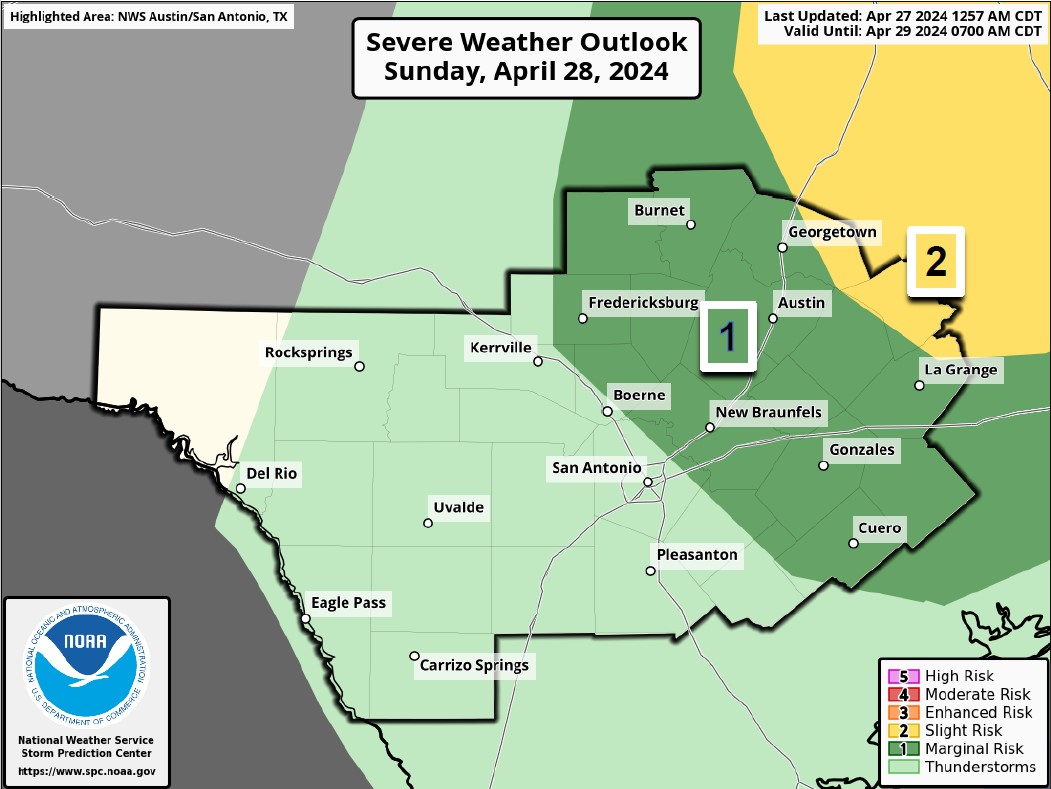 #BeWeatherAware: Severe thunderstorms possible late Sat night thru Sun, capable of large/very lrg hail, damaging wind, isolated tornadoes. Timing graphic was adjusted for later arrival, & level 2/5 risk introduced to far North portions of I35 corridor & Coastal Plains for Sunday.