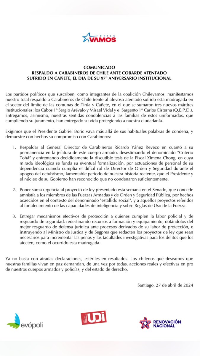 evopolinunoa's tweet photo. Declaración Chile Vamos, en relación al cruel asesinato de 3 Carabineros, esta madrugada en Cañete. https://t.co/Tp0KxUKjSN