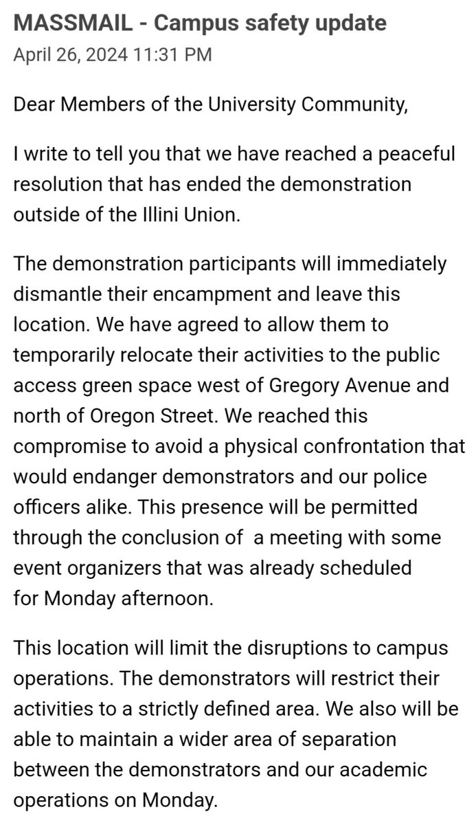 I kind of like that UIUC leadership responded to an unapproved pro-Palestine protest that included some 'unlawful and impermissible conduct by some' by negotiating with the protesters to create an *approved* pro-Palestine protest with lawful and permissible conduct