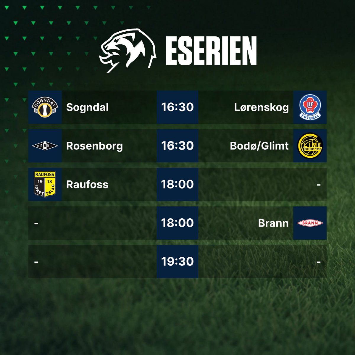 eFotball Norge (@fc_norge) on Twitter photo Snart skal det hele avgjøres 🤩 Vi går straks i gang med kvartfinalene og slik ser programmet for kvelden ut 👇
Vinneren av <a href="/sogndalfotball/">Sogndal Fotball</a> og <a href="/LorenskogIF/">Lørenskog IF</a> møter <a href="/raufossesport/">Raufoss Esport</a> i semifinalen, mens vinneren av <a href="/RBKfotball/">Rosenborg Ballklub</a> og <a href="/Glimt/">FK Bodø/Glimt | Seriemester 2024 🏆</a> møter <a href="/skbrann/">Sportsklubben Brann</a> i den andre semifinalen ⚽️😀 Snart skal det hele avgjøres 🤩 Vi går straks i gang med kvartfinalene og slik ser programmet for kvelden ut 👇
Vinneren av <a href="/sogndalfotball/">Sogndal Fotball</a> og <a href="/LorenskogIF/">Lørenskog IF</a> møter <a href="/raufossesport/">Raufoss Esport</a> i semifinalen, mens vinneren av <a href="/RBKfotball/">Rosenborg Ballklub</a> og <a href="/Glimt/">FK Bodø/Glimt | Seriemester 2024 🏆</a> møter <a href="/skbrann/">Sportsklubben Brann</a> i den andre semifinalen ⚽️😀