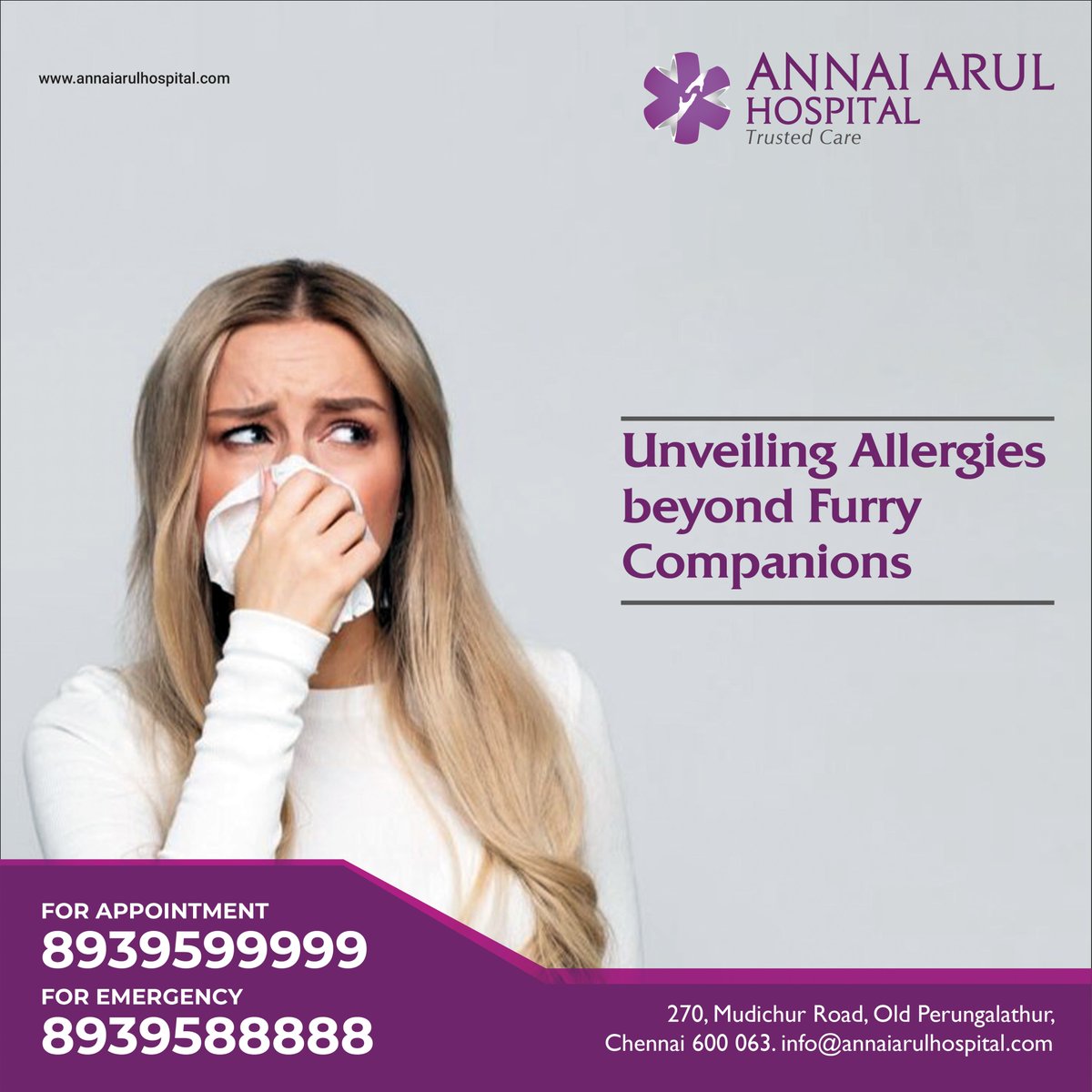 Understanding Pet Allergies

#PetAllergies
 #BeyondCatsAndDogs 
#AllergyManagement
 #HealthyLiving
 #AllergenFreeHome 
#PetCare
#AllergyAwareness 
#FurryFriends

annaiarulhospital.com/unveiling-alle…