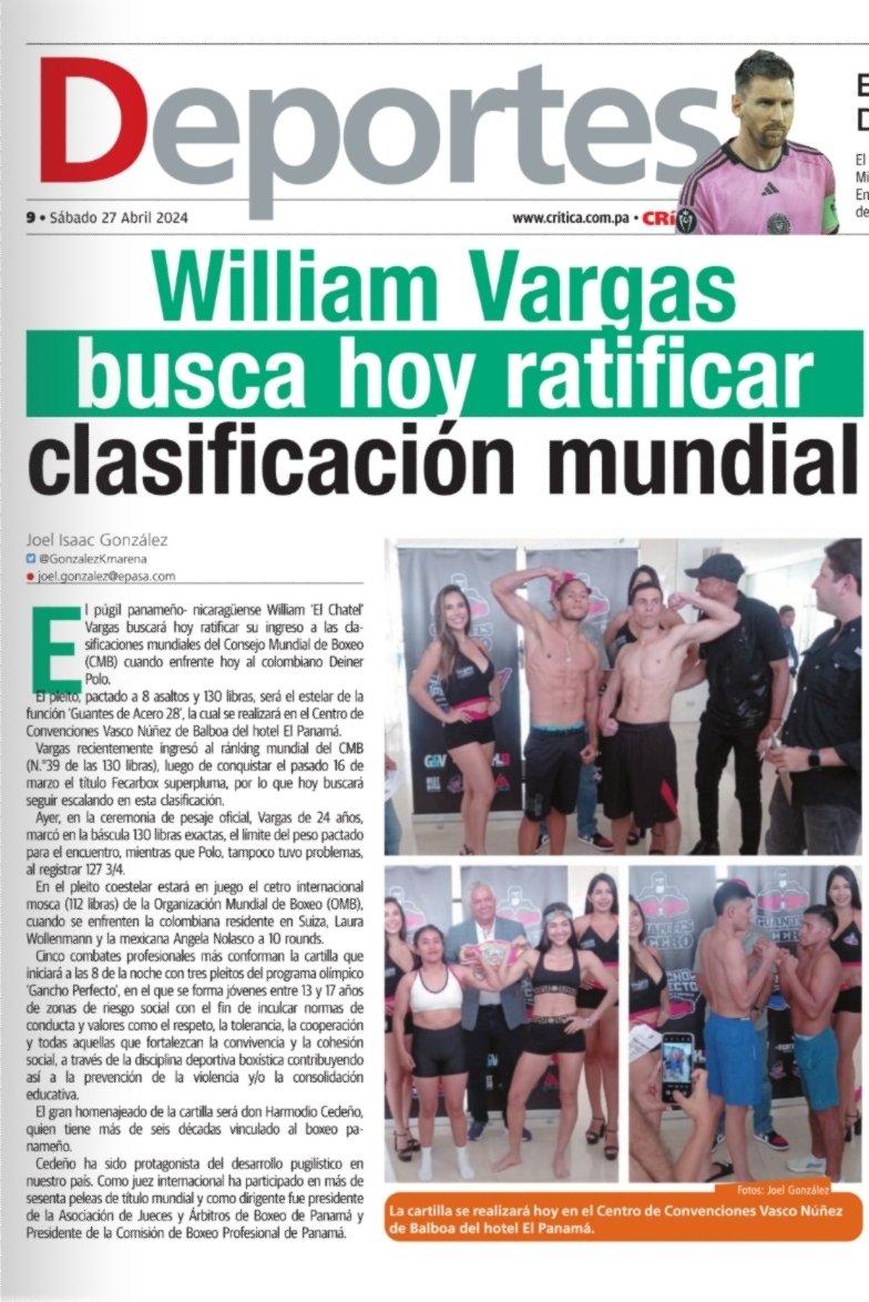 #DeportesCri Púgil William 'El Chatel' Vargas busca hoy ratificar su clasificación mundial en la cartilla Guantes de Acero 28. critica.com.pa/deportes/willi…