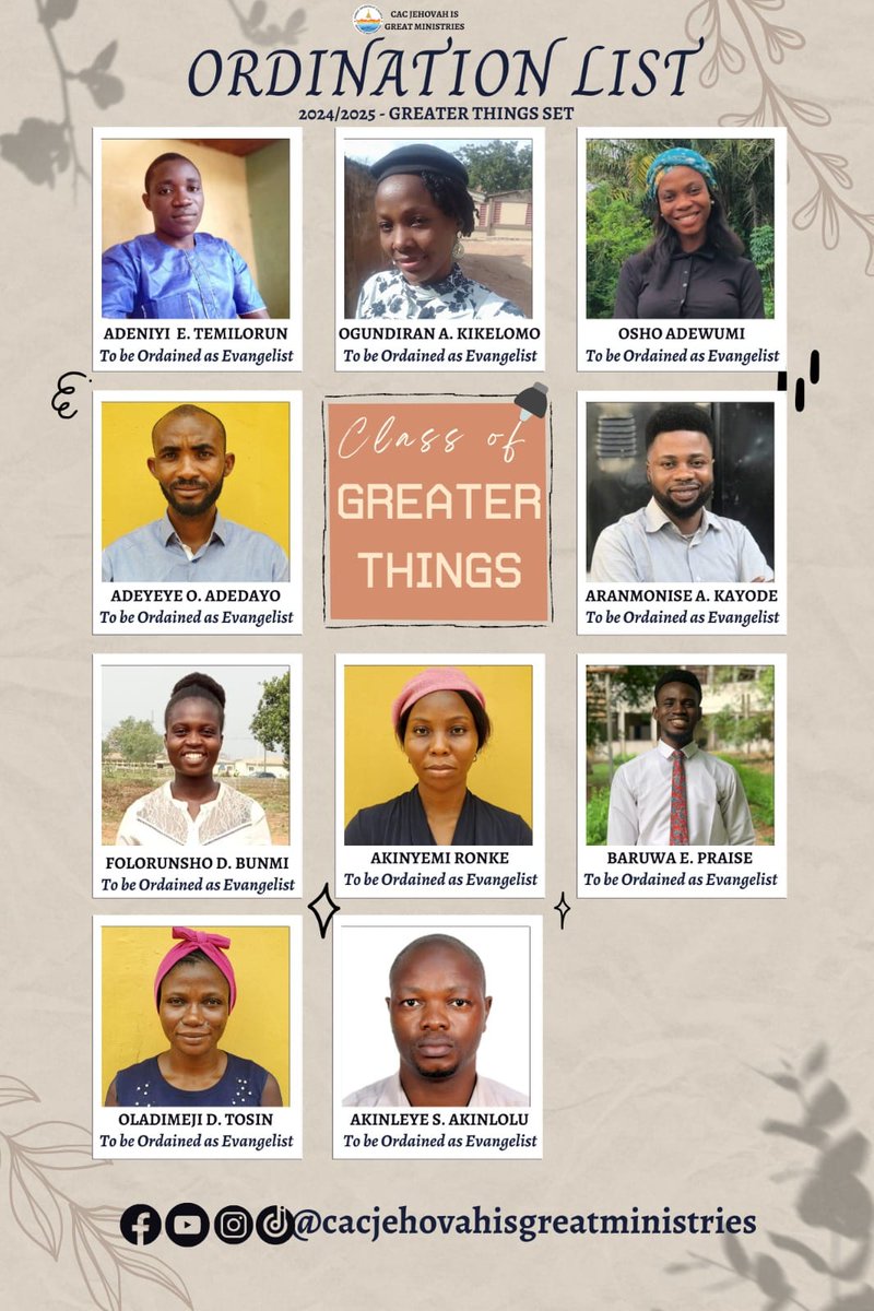 cacjigm's tweet photo. Join us tomorrow as we present these ones before the Lord.
Anointing and Ordination Service | 8AM | Youtube and Facebook: CAC Jehovah Is Great Ministries.
To God be the Glory.
📷 💯 https://t.co/rKfLCtG4OH
