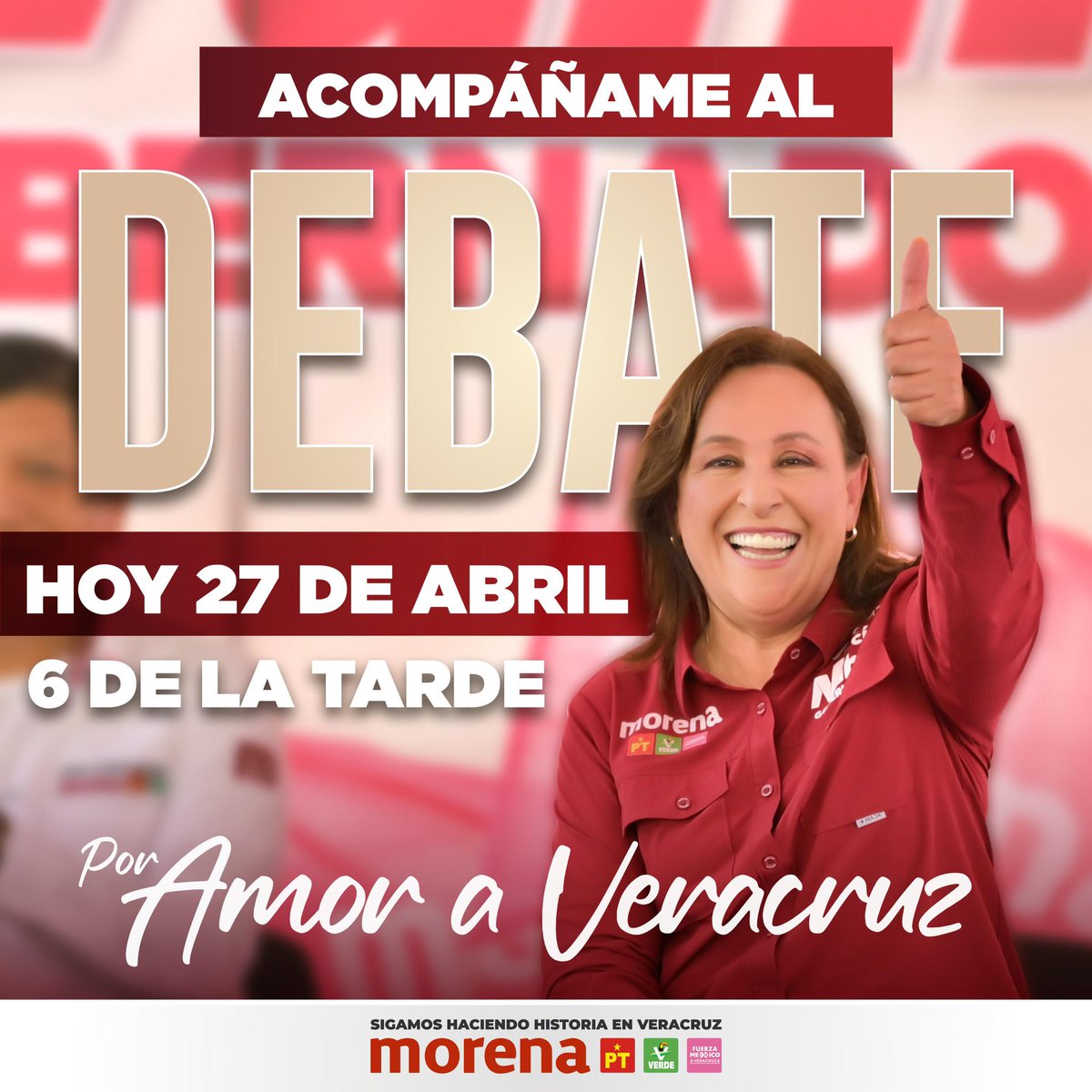 Acompáñame al debate a las 6:00pm en el Museo de Antropología de Xalapa o desde tu casa en la transmisión del OPLE. El debate es un ejercicio democrático para exponer nuestras propuestas para continuar con la transformación en Veracruz. ¡VAMOS A GANAR!

❤️Por amor a #Veracruz❤️