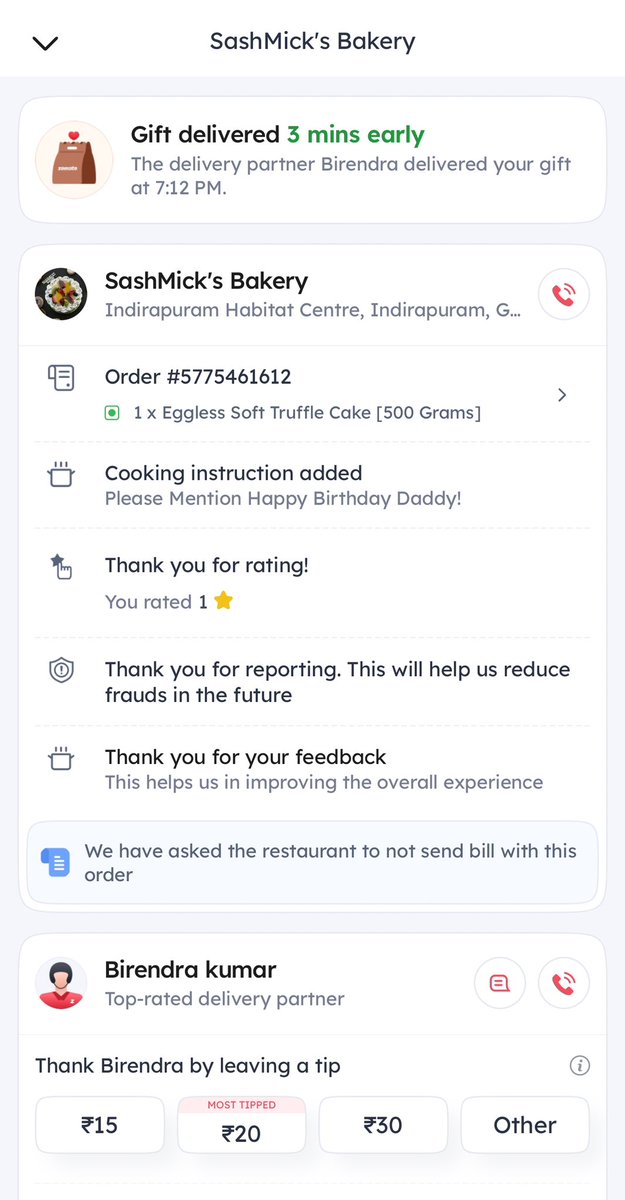 How disheartening it is when you order a cake for someone on birthday and it gets delivered by @zomato in such a situation & further there is no support option to report an issue to @zomatocare Such a waste of money and time