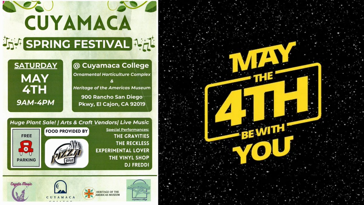 A week from today (May 4th), the Garden will be hosting the live music portion of the <a href="/CuyamacaCollege/">Cuyamaca College</a> Spring Festival. The event will be free, with parking near the amphitheater. #maythe4thbewithyou