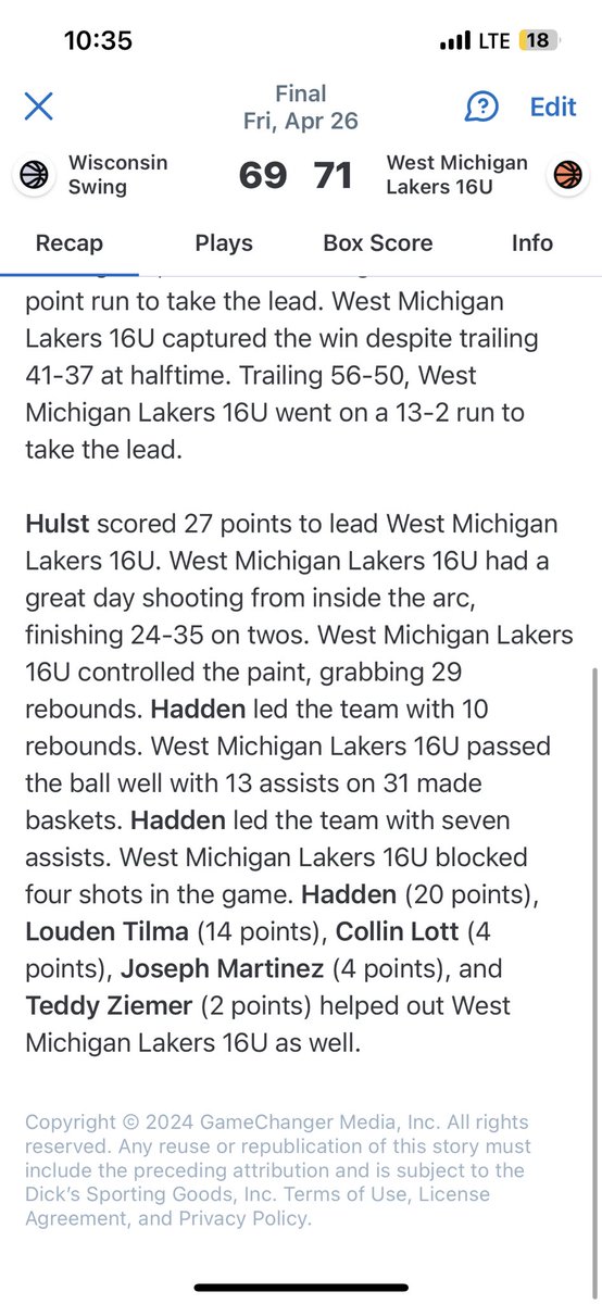 ethan2481 (@ethan2481) on Twitter photo Came out with a short handed gritty win last night. Guys battle and wouldnβt let this one slip away.
<a href="/brookshadden_/">Brooks Hadden</a> 20 pts 10r 7a
<a href="/keeganhulst11/">Keegan Hulst</a> 27 pts
<a href="/LoudenTilma/">Louden Tilma</a> 14 pts
<a href="/CollinLott08/">Collin Lott</a> 4 pts 9 r Came out with a short handed gritty win last night. Guys battle and wouldnβt let this one slip away.
<a href="/brookshadden_/">Brooks Hadden</a> 20 pts 10r 7a
<a href="/keeganhulst11/">Keegan Hulst</a> 27 pts
<a href="/LoudenTilma/">Louden Tilma</a> 14 pts
<a href="/CollinLott08/">Collin Lott</a> 4 pts 9 r