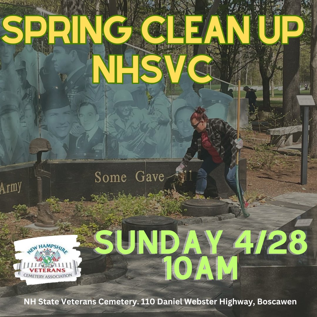 🌷 Calling all volunteers! 🌿 Join us, TOMORROW,  at the New Hampshire State Veterans Cemetery - 4/28 at 10 am for Spring Cleanup. Bring your tools - your help is greatly appreciated! Let's show our support for our veterans together. #nhsvc #nhvca #nhveterans💚