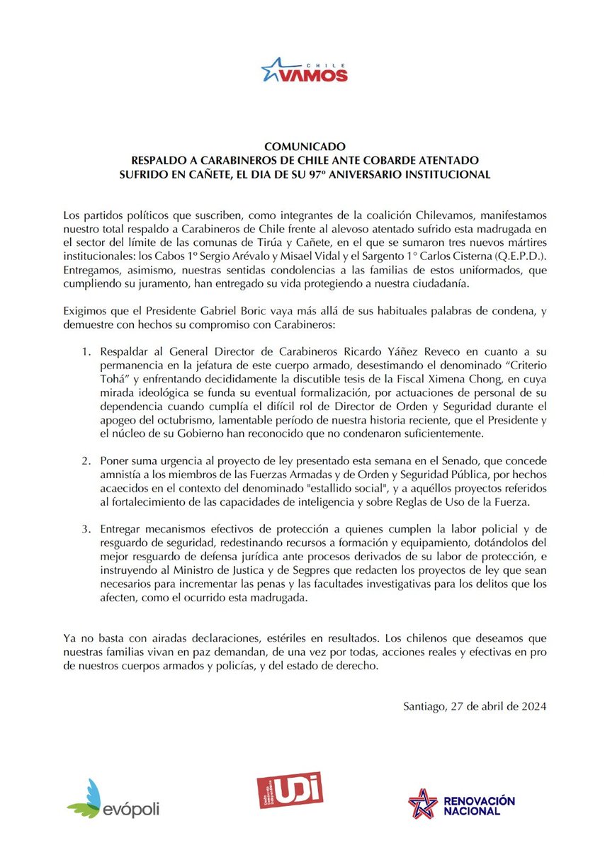 ◼️ No basta con airadas declaraciones, estériles en resultados. ChileVamos exige que el Presidente Boric vaya más allá de sus habituales palabras de condena, y demuestre con hechos su compromiso con Carabineros, el Estado de derecho y la seguridad del país.