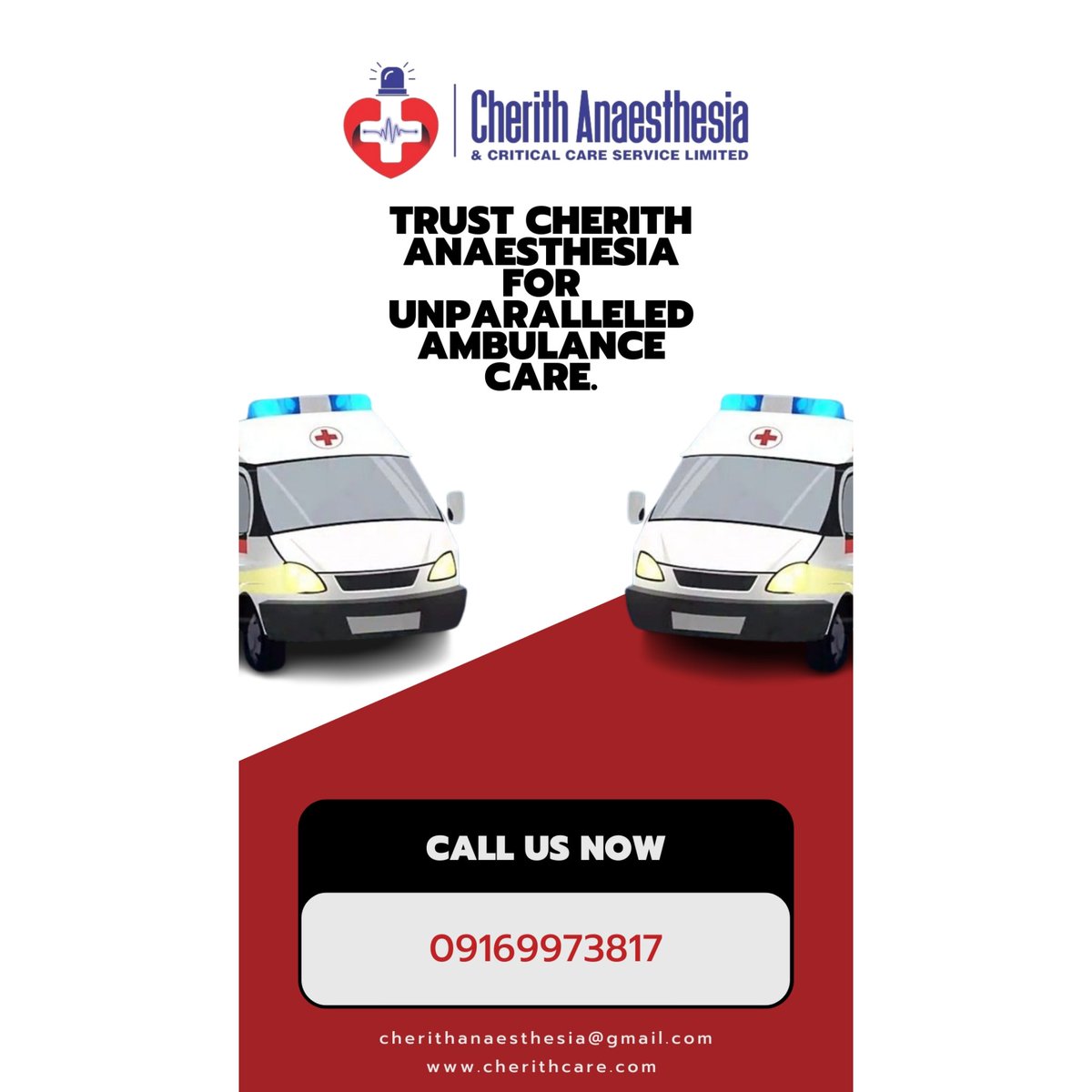 From swift responses to lifesaving care, we are the heartbeat of emergency medicine 

For ambulance services, please contact us at: 09169973817 or cherithanaesthesia@gmail.com 

Your safety is our priority. 

#dukesneurosuregry #ambulance #ambulanceservice #ambulanceservices