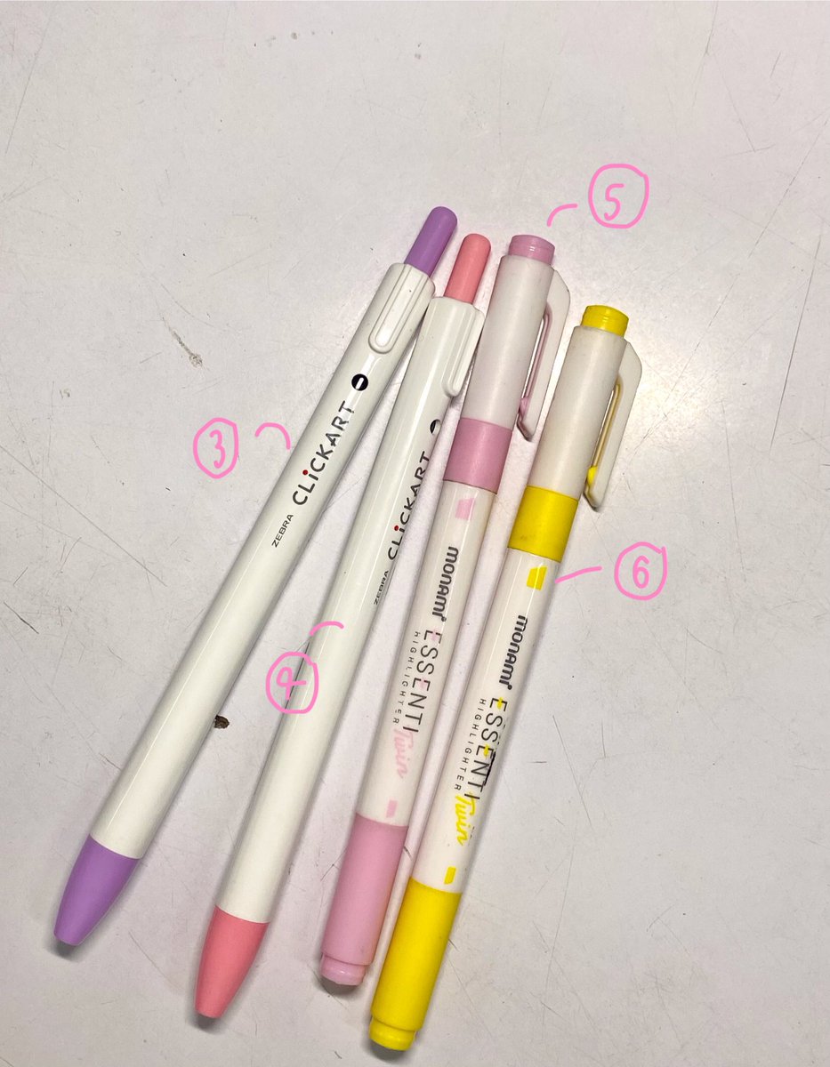 01 ♡ ￼uni kurutoga X sanrio  ลาย mymelody ขนาด 0.5

02 ♡ ￼mono graph X sanrio ลาย mymelody ขนาด 0.5 

03 - 04 ♡ ￼zebra clickart สี purple & light pink

05 - 06 ♡ ￼monami ensenti twin highlighter สี RP21 / Y05