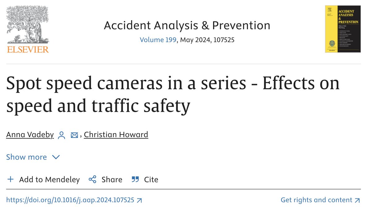 Sweden typically places multiple speed cameras in a series on a given road. This new paper finds that their installation reduces crash deaths by an average of 38.6%. doi.org/10.1016/j.aap.…