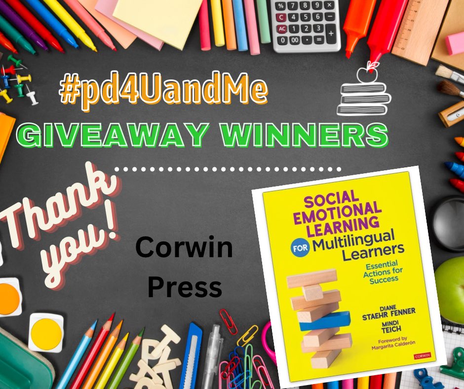 Hey @StacyKratochvil, @MrsSMendozaCPE, @MrsKatieCrook, @DrEdwardsESL, and @SteinbrinkLaura you are winners!!! DM me your information to send the book — Thank you for joining #pd4uandMe chat today! Thank you, @CorwinPress for making these passionate educators so happy!…