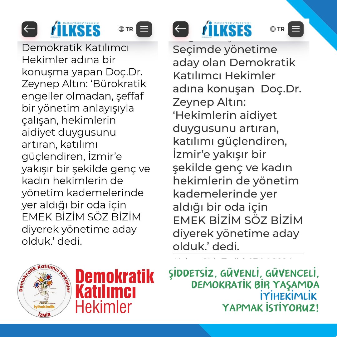 Bürokratik engeller olmadan, şeffaf bir yönetim anlayışıyla çalışan, hekimlerin aidiyet duygusunu arttıran, katılımı güçlendiren, İzmir'e yakışır şekilde genç ve kadın hekimlerin de yönetim kademelerinde yer aldığı bir oda için #EmekBizimSözBizim

ilksesgazetesi.com/izmir/izmir-ta…
