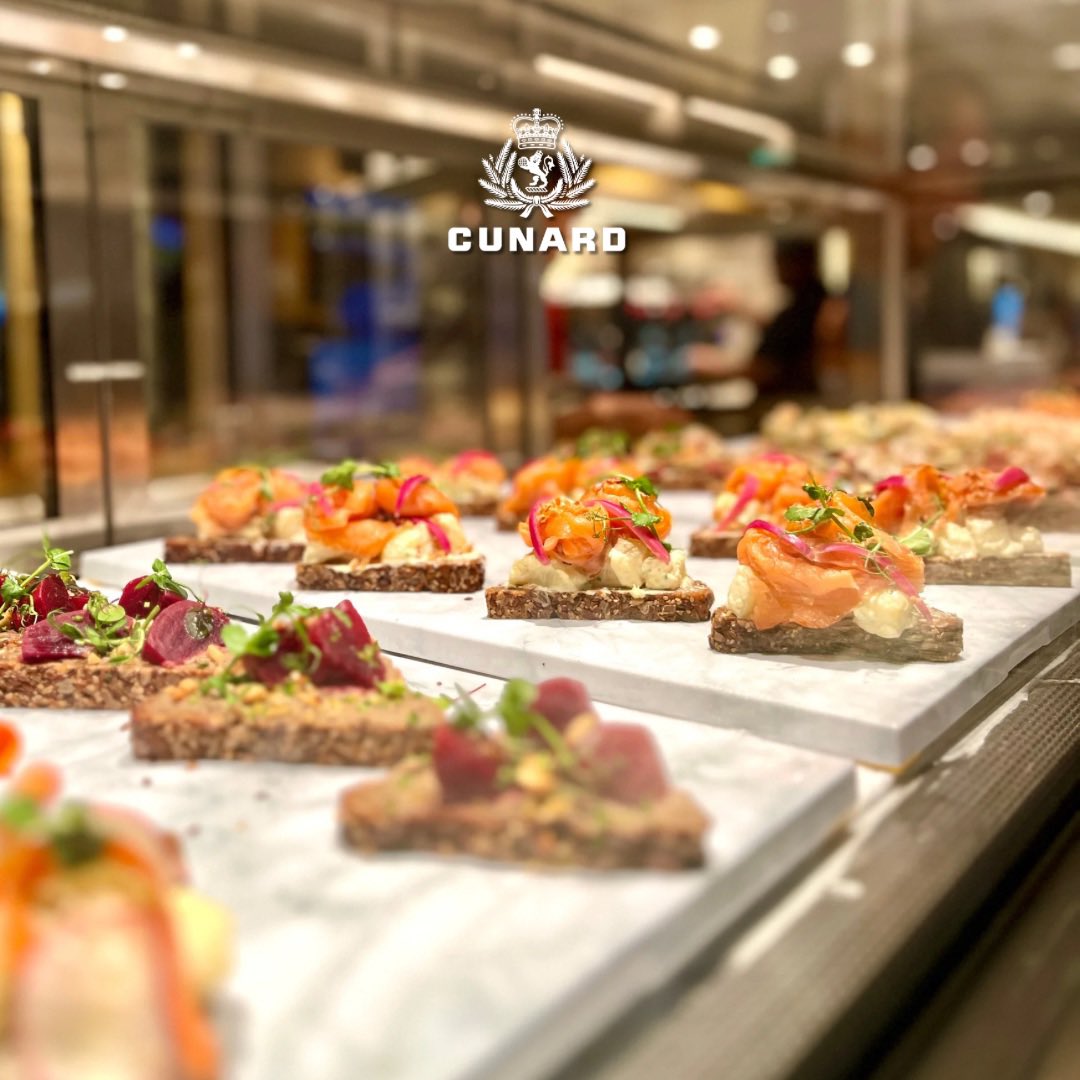 If anyone needs us, we’ll be in Queen Anne’s new Carinthia Lounge grazing our way through the new food choices! 6 days until our Maiden Guests can do the same! 🙌 #Cunard #CunardDreams #CUN4RD #Food #CruiseFood #TravelFood #foodstagram #luxuryTravel #TracelGram
