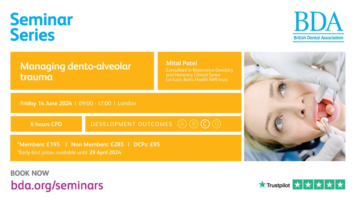 Be confident in managing dento-alveolar trauma in general dental practice. Learn with Mital Patel at our London event on Friday 14 June. Book your place today: bit.ly/3xO1oQ3 *Early-bird prices are available until Monday 29 April 2024 – save £50!*