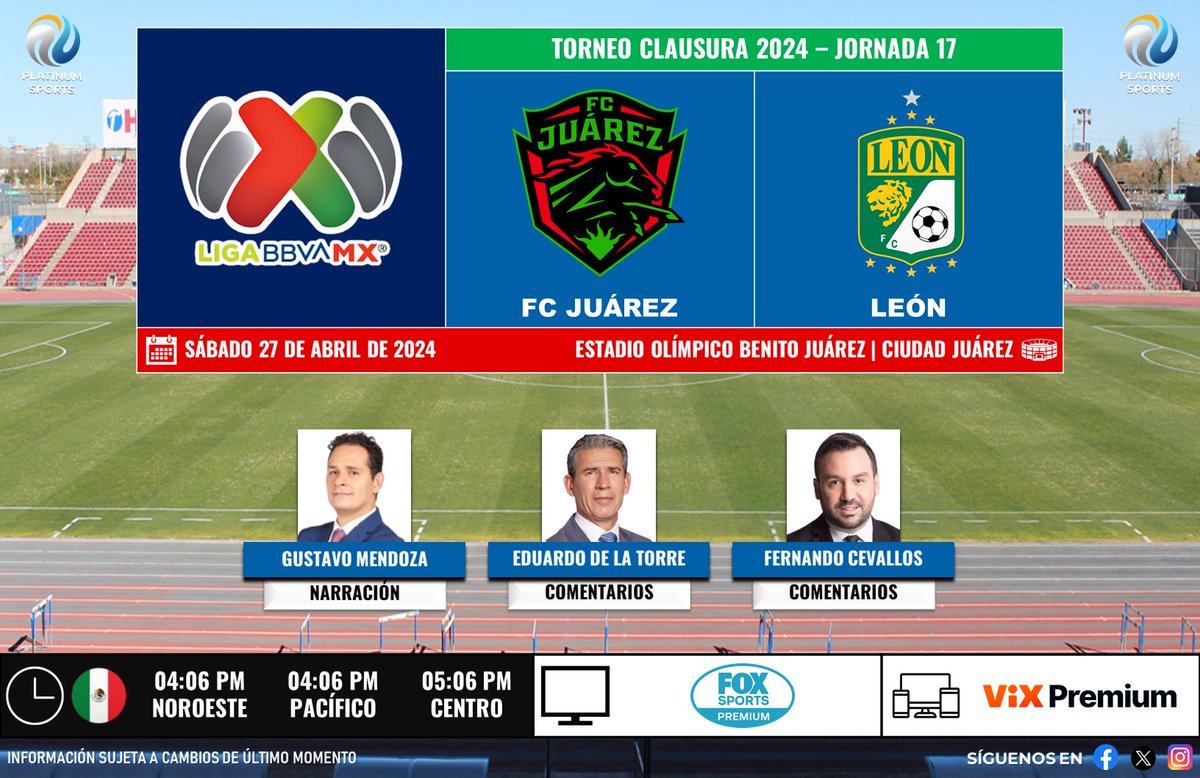 ⚽️ #LigaBBVAMX 🇲🇽 | #FCJuárez vs. #León 
🇲🇽📺 #FOXSportsPremium 
🎙️ @GusMenFox 
🎙️ @YayoDelaTorreM 
🎙️ @FerCevallosF 

#BravosxFSMX - #LigaMXenFSMX