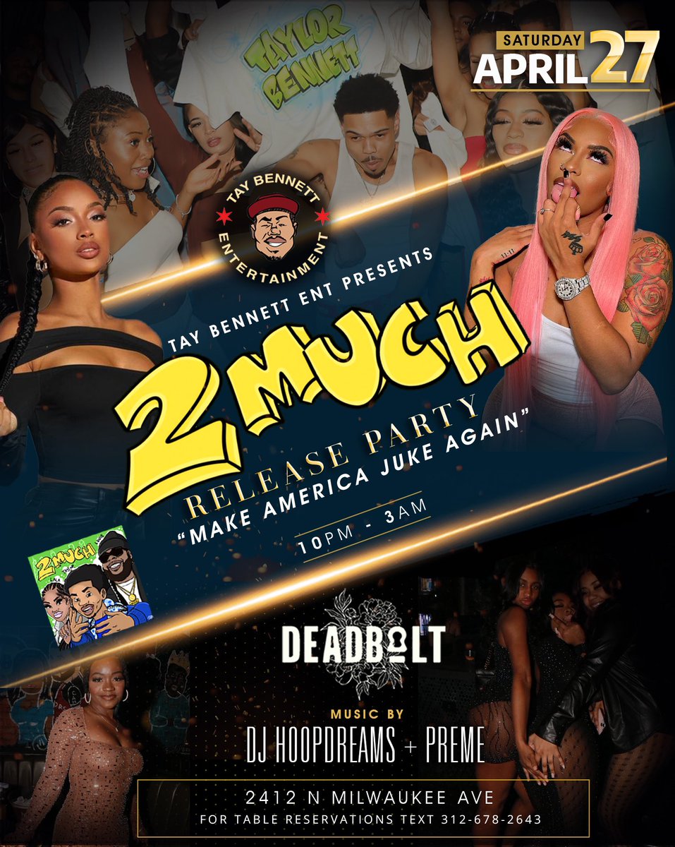 🚦WE OUTSIDE BABYYYY‼️ “2 MUCH” RELEASE (JUKE) PARTY TONIGHT👟 @DeadBoltBar SOUNDS BY @Hoop_Dreams & @Prem3_ 💥 #Chicago “2 MUCH” FT @KingLouie & @Lala2Muchhh OFFICIAL MUSICVIDEO BY @DGAINZ OUT NOW‼️ PRODUCED BY @elijahloveee #MakeAmericaJukeAgain