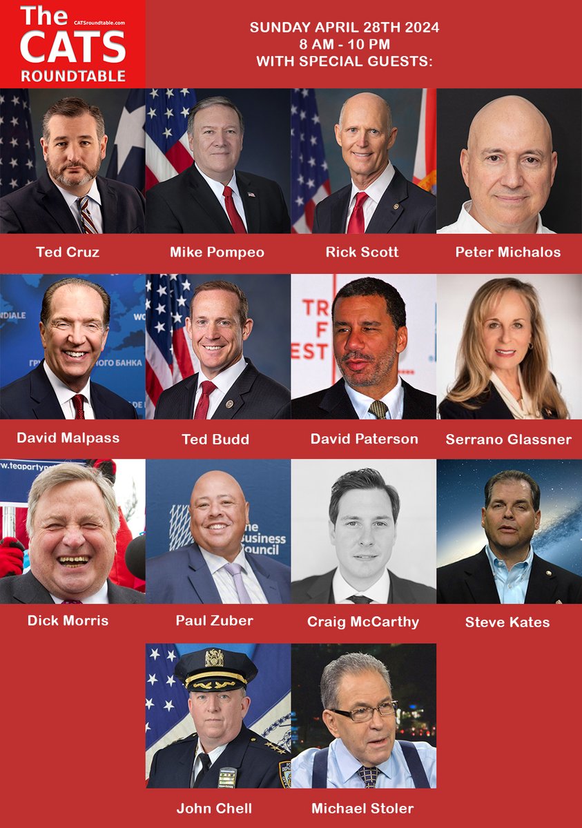 CATS Roundtable Sunday, Apr 28th | 8:00AM ► Listen Live on @77WABCradio or visit catsroundtable.com Special Guests: @SenTedCruz @mikepompeo @SenRickScott Peter Michalos, MD @DavidRMalpass @SenTedBuddNC @NYGovPaterson55 @christine4nj @DickMorrisTweet SVP NY Business