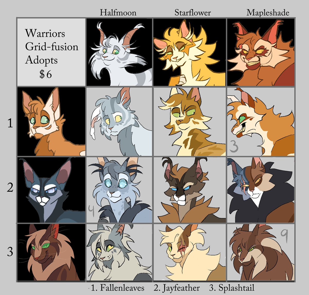 careful_please's tweet image. Grid-fusion-adopts final version! These were sm fun -! 
#Warriorcatsadopts #fusiongrid #warriorcats 
All the ones with numbers are still open !