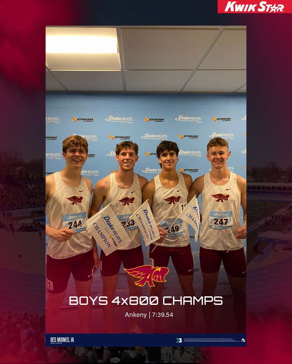 Bound_IA's tweet photo. 𝐃𝐑𝐀𝐊𝐄 𝐑𝐄𝐋𝐀𝐘𝐒 𝐁𝐎𝐘𝐒 𝟒𝐱𝟖𝟎𝟎 𝐂𝐇𝐀𝐌𝐏𝐈𝐎𝐍 🔥

Ankeny wins the Boys 4x800 Relay in a Drake Relays Record and 3rd Fastest All-Time, 7:39.54 https://t.co/UAyhznbHor