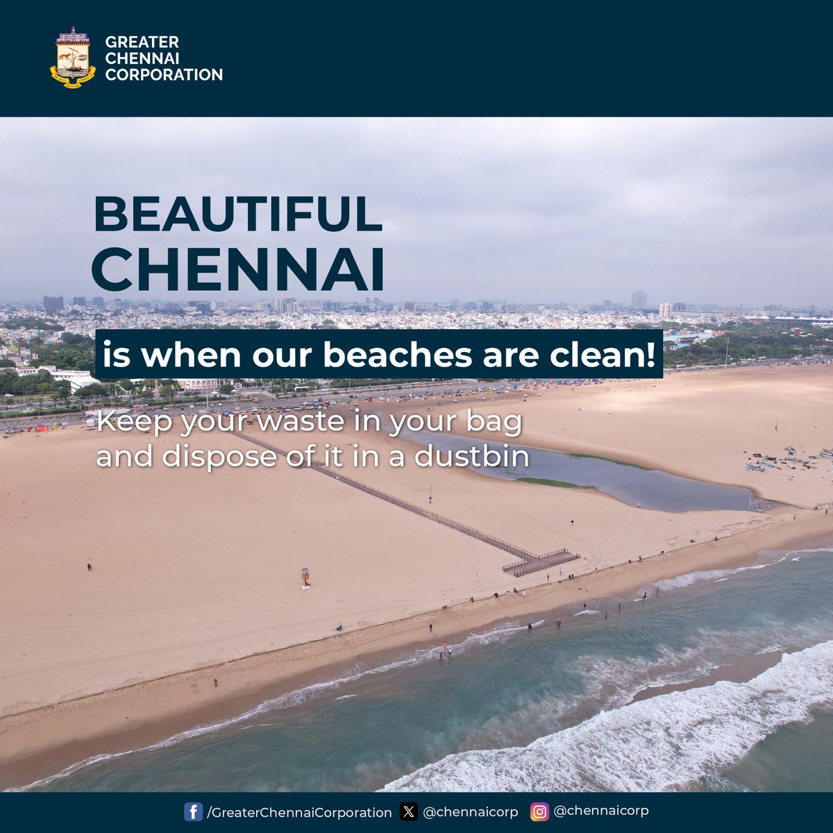 Dear #Chennaiites,

Let’s keep our beaches clean! Remember to take your waste with you and dispose of it in a dustbin. Help protect our beautiful coastline.

@RAKRI1 
#ChennaiCorporation
#HeretoServe