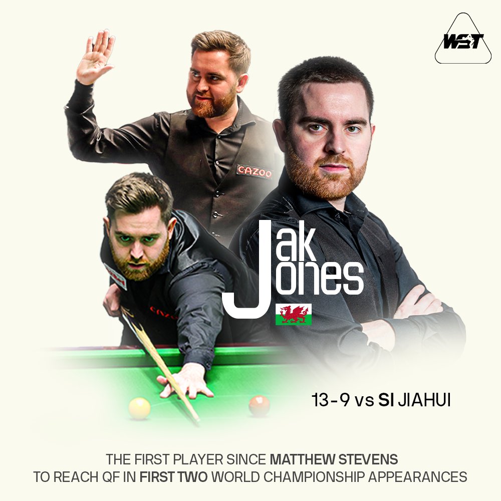 JAK JONES WINS IT!

He becomes the first player since Matthew Stevens to reach the Quarter Final in his first two appearances 🔥

He defeated Si Jiahui 13-9, and will face Judd Trump next. 

#CazooWorldChampionship | @CazooHelp | @JakJones147 | @RiyadhSeason