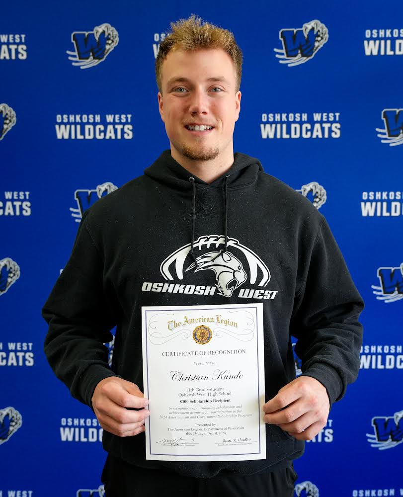 OWSocialStudies's tweet photo. Please join @OshkoshWestHigh in celebrating Christian Kunde. A Jr. who received a scholarship from the American Legion based on results of the Americanism &amp; Government Scholarship test.  1,350 Wisconsin students took the test &amp; 33 scholarships awarded. Congratulations Christian! https://t.co/dju3yVtSa7