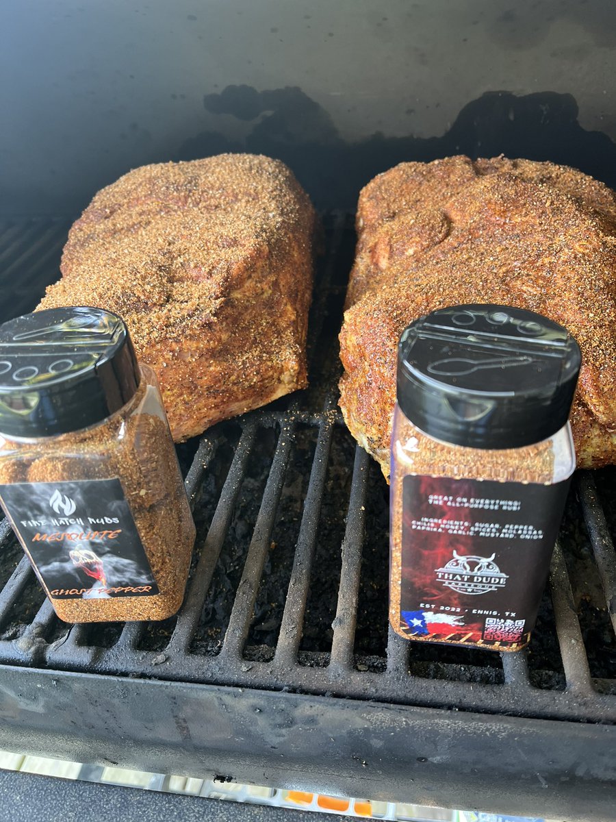 Smoothie1978's tweet photo. @FireHatchRubs @ThatDudeBBQ couple 8 pounders on the pit boss earlier. Little mix and match with the seasonings https://t.co/LFnXfzooN2