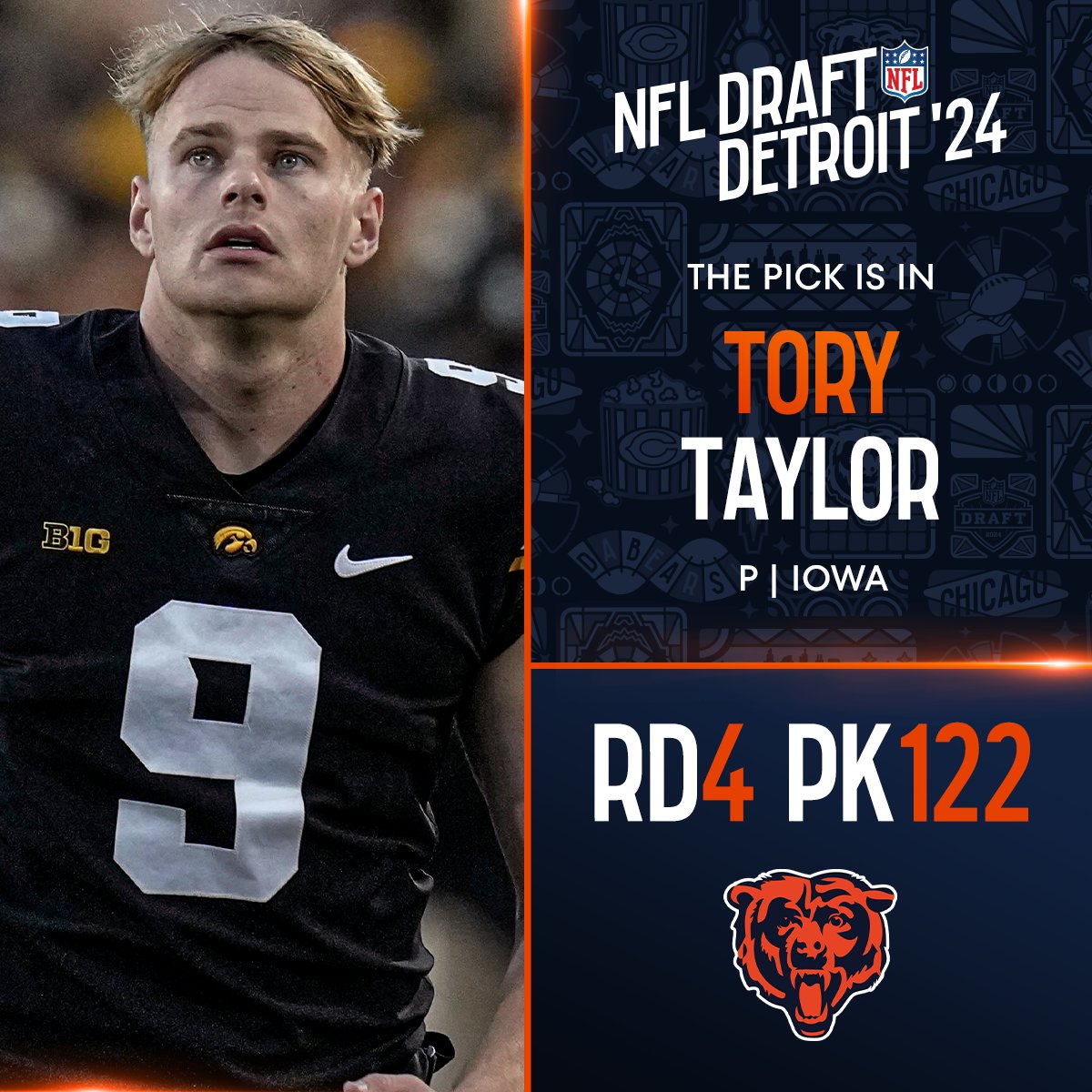 With the No. 122 overall pick in the 2024 @NFLDraft, the @ChicagoBears select Tory Taylor! @NFLAUNZ 

📺: #NFLDraft on NFLN/ESPN/ABC
📱: Stream on #NFLPlus