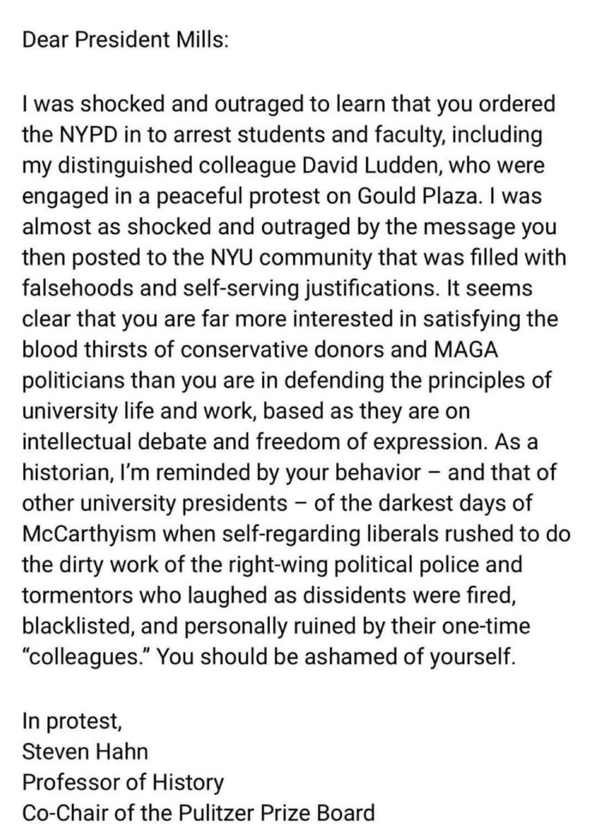 Historian and NYU prof to NYU President Linda Mills: “I’m reminded by your behavior…of the darkest days of McCarthyism when self-regarding liberals rushed to do the dirty work of the right-wing political police and tormentors”