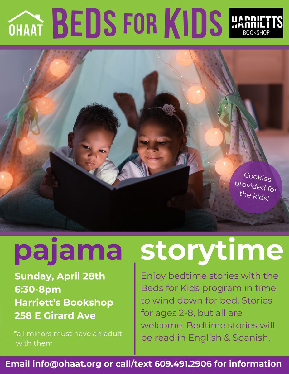 Tomorrow! Tomorrow! Pajama Storytime is tomorrow! We hope you can join us for bedtime stories & cookies at Harriett's Bookshop tomorrow from 6:30pm-8pm. 😴🌜🍪 Register here: bit.ly/Harrietts
#OHAAT #BedsForKidsProgram #PajamaStorytime #HarriettsBookshop #CommunityEvents