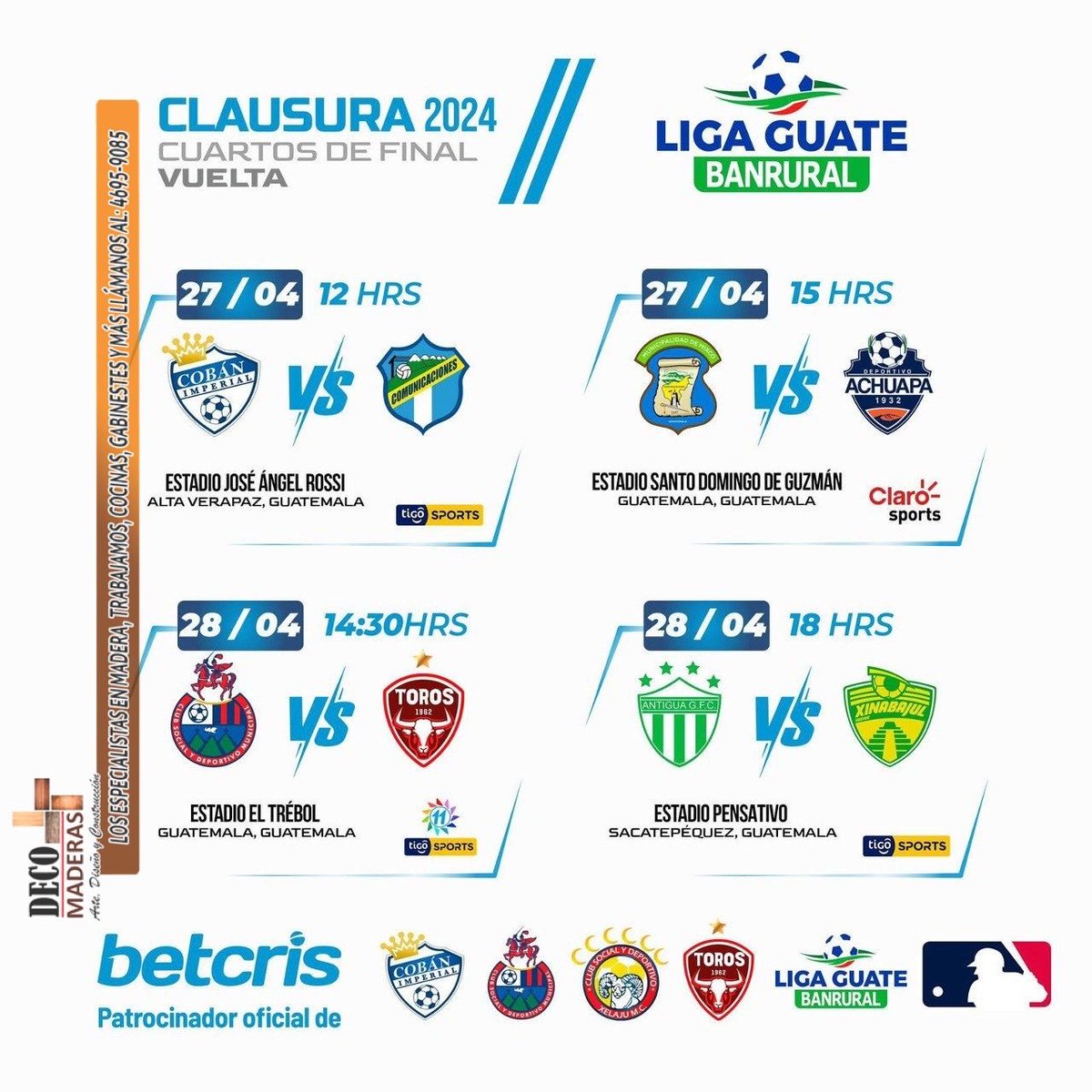 #LigaGT | CUARTOS DE FINAL - VUELTA 

Hoy a medio día inician los juegos de vuelta en los Cuartos de Final de la #LigaGuatemalteca 

Información gracias a: #DECOMADERAS