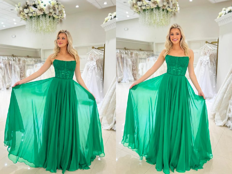 A Line Green Chiffon Lace Long Prom Dress, Strapless Floor Length Dress