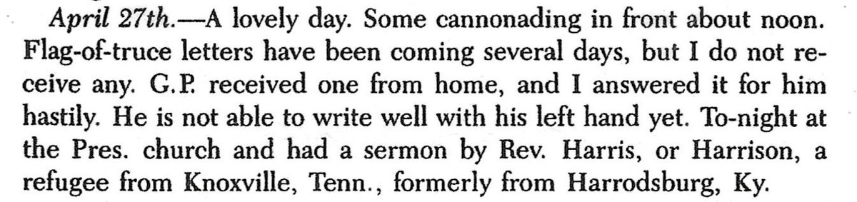 @Justme6165 @Son_of_Sandor @jdm1968 @Wrap10 @AndyMurthi @liz_july4th @CWBreakfastClub #160YearsAgo 27 Apr 1864 'A lovely day. Some cannonading in front about noon.' - John Jackman. Reply #38=> freerepublic.com/focus/f-chat/4… @Justme6165 @Son_of_Sandor @jdm1968 @Wrap10 @AndyMurthi @Liz_july4th @CWBreakfastClub