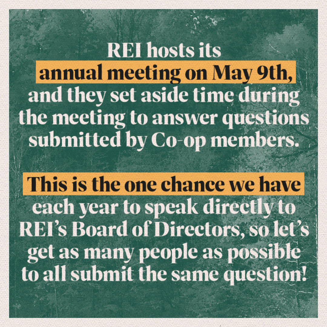 ILAFLCIO's tweet photo. @REI, will you support a fair union contract? 

Support @reiunion by asking the company's Board of Directors ahead of the annual member meeting on 5/9 to commit to reaching a fair deal in 2024. 

Click here to take action: https://t.co/1oj8entQhK https://t.co/Gz7SyUIuE0
