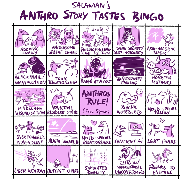 RE: Salaman's Anthro Story Tastes Bingo
Quote with your bingos, how many did you get? 👀