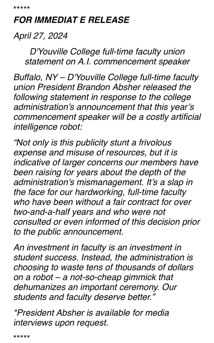 @AAUP @nysut @DYouville @dyouvillealumni Many voices on our campus are deeply disappointed with the admin decision to have an AI robot deliver the commencement address. Our Union president issued the following statement.