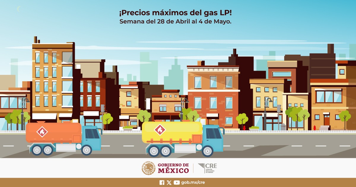 Consulta la tabla de precios máximos aplicables de Gas LP a consumidores finales por región y medio de venta, en el siguiente enlace: bit.ly/3ENdUjQ Vigencia del 28 de abril al 04 de mayo de 2024