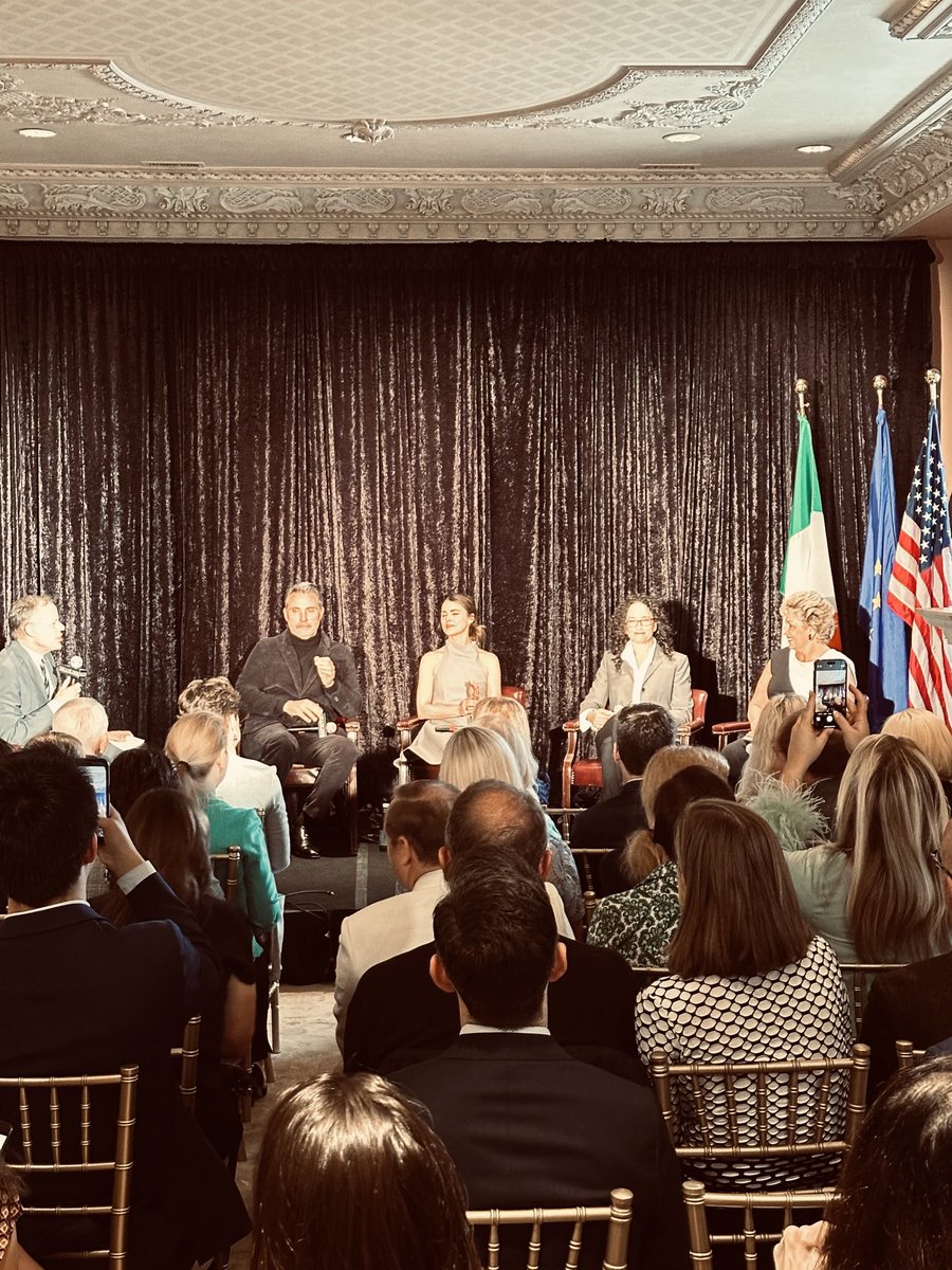JohnWMcCarthy's tweet photo. The cast and crew of @netflix The Diplomat kicking off White House Correspondents Dinner with discussion hosted by @IrelandAmbUSA #WHCW https://t.co/XEnB3lqmey