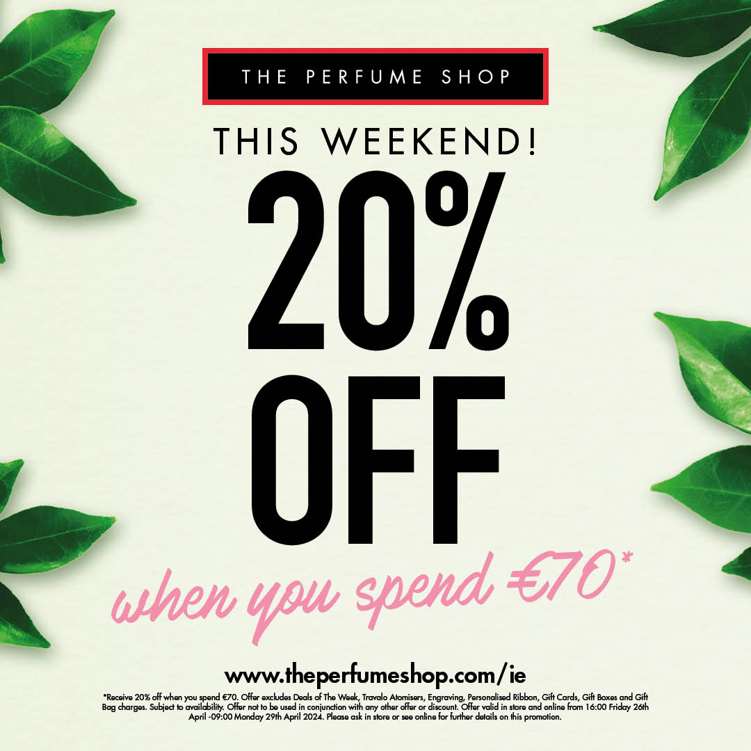 Shopping for your fav scent or a gift for someone special? Don't miss getting 20% off when you spend €70 when you shop in The Perfume Shop between 4pm on 27th April 2024 and 9am on 29th April 2024. #Sustainability2024 #theperfumeshop #tpssc #ilaccentre