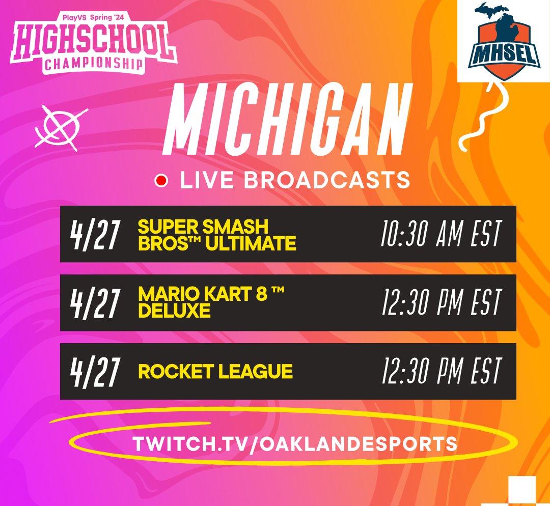 MICHIGAN goes another day @MASSP_esports Get ready for a full day of competition with Super Smash Bros™ Ultimate, Mario Kart 8™ Deluxe, and Rocket League twitch.tv/oaklandesports